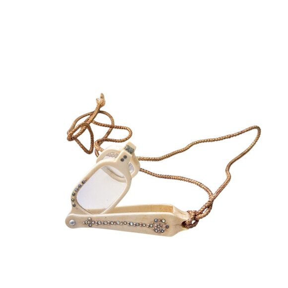 Antique Edwardian Rhinestone Lorgnette Opera Glasses Folding Handle with Case - Picture 7 of 10